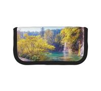 NBHDZENGW Waterfall Flowing Scenery Large Canvas Pencil Case Makeup Bag Organizer-Premium Zippered Pouch with Mesh Pocket,Color-Block Design (Black Trim)-School Trave Cosmetic Bag