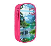 NBHDZENGW Waterfall Red Flower Cherry Large Capacity Double Layer Pencil Case,Custom Printed Durable Polyester Organizer for School, Office, Travel, Art Supplies Makeup