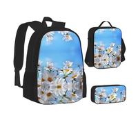 NBHDZENGW Wild White Flower 3pcs Printed Backpack Set, 600d Oxford-Cloth Laptop Backpack with Insulated Lunch Bag Pencil Case,Adjustable Multifunctional School Travel Bag