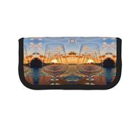 NBHDZENGW Wine Glass in The Sunset Large Canvas Pencil Case Makeup Bag Organizer-Premium Zippered Pouch with Mesh Pocket,Color-Block Design (Black Trim)-School Trave Cosmetic Bag