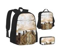 NBHDZENGW Wooden Bridge Lake Scene 3pcs Printed Backpack Set, 600d Oxford-Cloth Laptop Backpack with Insulated Lunch Bag Pencil Case,Adjustable Multifunctional School Travel Bag