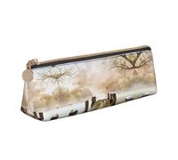 NBHDZENGW Wooden Bridge Lake Scene Cute Triangle Leather Pencil Case with Smooth Zipper,Stylish Durable Pouch for School,Office,Travel-Lightweight Full Print Stationery Holder