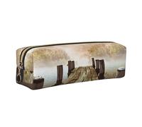 NBHDZENGW Wooden Bridge Lake Scene Leather Pencil Case with Smooth Zipper,Stylish Durable Zippered Pouch for School,Office,Travel-Lightweight Full Print Stationery Holder