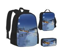 NBHDZENGW Wooden Rustic Log Cottage Scenery 3pcs Printed Backpack Set, 600d Oxford-Cloth Laptop Backpack with Insulated Lunch Bag Pencil Case,Adjustable Multifunctional School Travel Bag