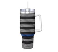 NBMghn American Thin Blue Line Flag Print 40OZ Ice Bully with Handle Straw - Vacuum Insulated Stainless Steel Tumbler for Gym, Cafe, Office, Car
