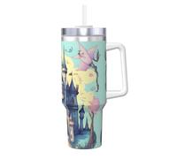 NBMghn Fairytale Castle Print 40OZ Ice Bully with Handle Straw - Vacuum Insulated Stainless Steel Tumbler for Gym, Cafe, Office, Car