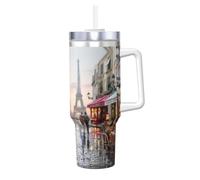 NBMghn Oil Painting Paris Street Scene Eiffel Tower Print 40OZ Ice Bully with Handle Straw - Vacuum Insulated Stainless Steel Tumbler for Gym, Cafe, Office, Car