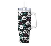 NBMghn Panda Cute face Print 40OZ Ice Bully with Handle Straw - Vacuum Insulated Stainless Steel Tumbler for Gym, Cafe, Office, Car