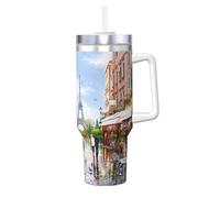 NBMghn Paris Street Scene Eiffel Tower Print 40OZ Ice Bully with Handle Straw - Vacuum Insulated Stainless Steel Tumbler for Gym, Cafe, Office, Car
