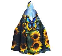 NBMghn Unisex Adult Halloween Hooded Cloak - Sunflower Blue Butterfly Full Print Costume Cape for Cosplay, Party, and Themed Events