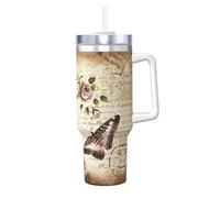 NBMghn Vintage Paris Eiffel Tower Butterfly Print 40OZ Ice Bully with Handle Straw - Vacuum Insulated Stainless Steel Tumbler for Gym, Cafe, Office, Car