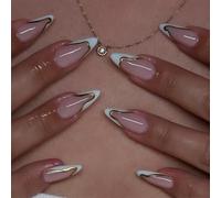 NBNTGH -Package About:White french tip fake nails Package contains 24 pieces medium almond fake nails of different sizes, 1 adhesive tab, 1 small wooden stick