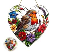 NBOFOL Sun Catchers For Windows,Hanging Garden Suncatcher Robin on Branch,Large Heart-Shaped Robin Suncatchers Stained Glass,Ro/bin Garden Ornament,Acrylic Window Hanging for Gar/den Gift Decor#32