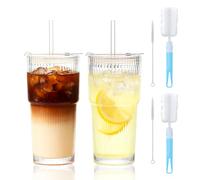 NBOUOU 2Pack 20 Oz Ribbed Tumblers Glass Cups with Lids and Straws Iced Coffee Cup, Reusable Ice Coffee Glass with Brush for Drinks, Water, Cocktail, Whiskey, Soda, Tea, Juice, Smoothie Cup