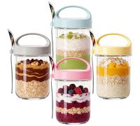 NBOUOU 4 Pcs 14oz Overnight Oats Jar Container with Lid and Spoon, Large Capacity Glass Mason Jars with Lids Yogurt Pot, Porridge Pots, Jars for Overnight Oats Salads Cereal Milk Fruit