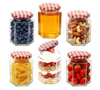 NBOUOU Glass Jam Jars with Lids, 6 Pack Hexagonal Storage Glass Jars with Screw Top Red, 280ml / 9oz Clear Airtight Preserving Glass Jars with Brush, for Jam Sugar Kitchen Spices Honey or Sweets