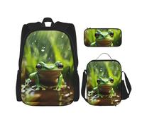 NBRIEU Frog and Rain Print Pocket Backpack Pencil Case Lunch Bag for Men Women Large Capacity Black One Size Black One Size, Black/White, One Size