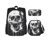 NBRIEU Horror Ghost Skull Print Pocket Backpack Pencil Case and Lunch Bag for Men Women Large Capacity Black One Size Black One Size, Black/White, One Size