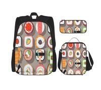 NBRIEU Many Sushi Food Print Pocket Backpack, Pencil Case and Lunch Bag for Men and Women, Large Capacity, Black, One Size, Black/White, One Size