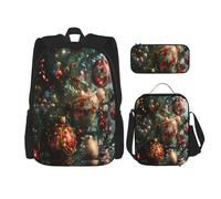 NBRIEU Merry Christmas Print Pocket Backpack Pencil Case Lunch Bag for Men Women Large Capacity Black One Size Black One Size, Black/White, One Size