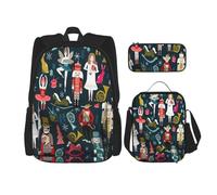 NBRIEU Nutcracker Print Pocket Backpack for Women Pencil Case Lunch Bag for Men Women Large Capacity Black One Size Black One Size, Black/White, One Size