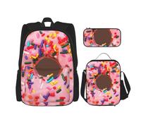NBRIEU Strawberry Donut Print Pocket Backpack Pencil Case and Lunch Bag for Men Women Large Capacity Black One Size Black One Size, Black/White, One Size