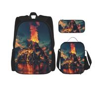 NBRIEU Volcano Print Pocket Backpack Pencil Case Lunch Bag for Men Women Large Capacity, Black, One Size