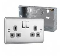 NBS22G Brushed Steel Double Switched Socket with Grey Inserts & 25mm Double Metal Back Box - Sl urable and Easy to Install Modern Home Wall Fitting (Screwed)