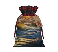 NBSKSDLK Dawn Ocean Waves Christmas Gift Bags with Tags & Ribbon Ties, Buffalo Plaid Santa Sack Xmas Treat Pouch Party Favor Bags Drawstring Christmas Sacks for Holiday Presents Storage Medium