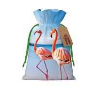 NBSKSDLK Flamingo on Beach Christmas Gift Bags with Tags & Ribbon Ties, Personalized Santa Sack Xmas Treat Pouch Party Favor Bags Drawstring Christmas Sacks for Holiday Presents Storage Small