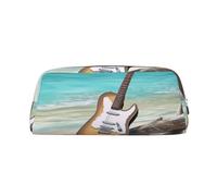 NBSKSDLK Guitar on The Beach Makeup Bag for Women Men Pencil Pouch Travel Small Cosmetic Bag Zippered Toiletry Bags Aesthetic Pen Bags Trendy Storage Bags Leather Coin Pouch Purse, Silver, One Size
