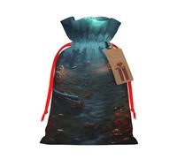 NBSKSDLK Horror Pumpkin Cemetery Christmas Gift Bags with Tags & Ribbon Ties, Personalized Santa Sack Xmas Treat Pouch Party Favor Bags Drawstring Christmas Sacks for Holiday Presents Storage Medium