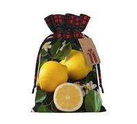 NBSKSDLK Lemon and Flower Christmas Gift Bags with Tags & Ribbon Ties, Buffalo Plaid Santa Sack Xmas Treat Pouch Party Favor Bags Drawstring Christmas Sacks for Holiday Presents Storage Medium