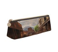 NBSKSDLK Old Wild West Cowboy Town Pencil Case for Women Men Aesthetic Pen Bag, Leather Makeup Bag Travel Small Cosmetic Bag Zippered Pencil Pouch Trendy Office Storage Bags Coin Pouch Purse