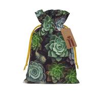 NBSKSDLK Succulent Plants Christmas Gift Bags with Tags & Ribbon Ties, Personalized Santa Sack Xmas Treat Pouch Party Favor Bags Drawstring Christmas Sacks for Holiday Presents Storage Small
