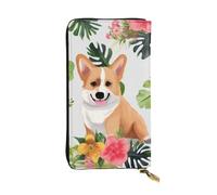 NBSKSDLK tropical flower and corgi Leather Wallet RFID Blocking Credit Card Case Large Capacity Money Organizer with Zipper Pocket - Slim Minimalist Cash Wallet for Men Women Phone Clutch Gift