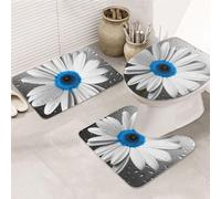 NBSKSDLK White Blue Daisy Bathroom Rugs Sets 3 Piece, Non Slip Absorbent Bath Rug U-Shaped Contour Toilet Rug with Toilet Cover, Memory Foam Bath Mat Set for Luxury Bathroom Decoration