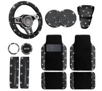 NBTEPEM 12 Pcs Bling Car Accessories Set for Women Car Floor Mats Full Set Steering Wheel Cover Seat Belt Covers Coasters Universal Fit Car SUV Truck Van Black