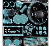 NBTEPEM 27 PCs Aquamrine Bling Car Accessories Set for Women, Steering Wheel Covers Universal Fit 15 Inch, Bling License Plate Frame, Bling Phone Holder, Bling Car Coasters (Aquamrine Diamond)