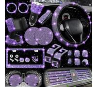 NBTEPEM 27 PCs Bling Car Accessories Set for Women - Steering Wheel Cover (15 Inch), License Plate Frames, Phone Holder, Fast Charger, Coasters (Violet)
