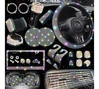 NBTEPEM 27 PCs Colorful Diamond Accessories Set - Bling Steering Wheel Covers, License Plate Frame, Phone Holder, Coasters for Women's Cars, Universal 15 Inch Fit