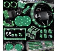 NBTEPEM 27 PCs Green Bling Car Accessories Set for Women, Steering Wheel Covers Universal Fit 15 Inch, Bling License Plate Frame, Bling Phone Holder, Bling Car Coasters (Green Diamond)