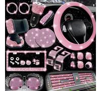 NBTEPEM 27-Piece Bling Car Accessories Set - Universal Fit Steering Wheel Covers, License Plate Frames, Phone Holder, Car Fast Charger, Coasters (Pink)