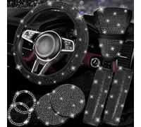 NBTEPEM 8 pcs Bling Car Accessories Set for Women, Steering Wheel Cover, Sparkly Seat Belt Covers, Bling Gear Shift Cover, Universal Fit Most Cars (Black Diamond)