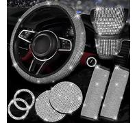 NBTEPEM 8 pcs Bling Car Accessories Set for Women, Steering Wheel Cover, Sparkly Seat Belt Covers, Bling Gear Shift Cover, Universal Fit Most Cars (Silver Diamond)