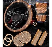 NBTEPEM 8 pcs Orange Bling Car Accessories Set for Women, Steering Wheel Cover, Sparkly Seat Belt Covers, Bling Gear Shift Cover, Universal Fit Most Cars (Orange Diamond)