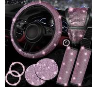 NBTEPEM 8 pcs Pink Bling Car Accessories Set for Women, Steering Wheel Cover, Sparkly Seat Belt Covers, Bling Gear Shift Cover, Universal Fit Most Cars (Pink Diamond)