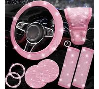 NBTEPEM 8 pcs Pink Bling Car Accessories Set for Women, Steering Wheel Cover, Sparkly Seat Belt Covers, Bling Gear Shift Cover, Universal Fit Most Cars (All Pink Diamond)