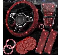 NBTEPEM 8 pcs Red Bling Car Accessories Set for Women, Steering Wheel Cover, Sparkly Seat Belt Covers, Bling Gear Shift Cover, Universal Fit Most Cars (Red Diamond)