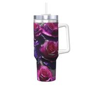 Nbtghga 40oz Glitter Sequin Roses Print Ice Bully with Handle and Straw Stainless Steel Vacuum Insulated Cup Straw Lid